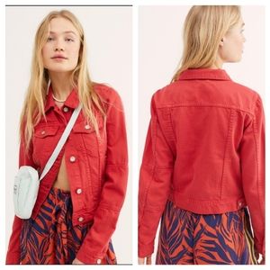 Free People Rumors Red Denim Button Up Jacket NWT